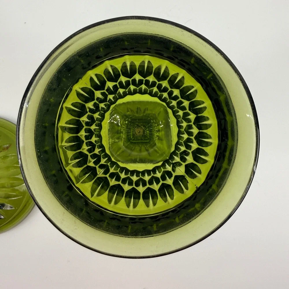 Indiana Glass Diamond Point Avocado Green Apothecary Jar Covered Pedestal